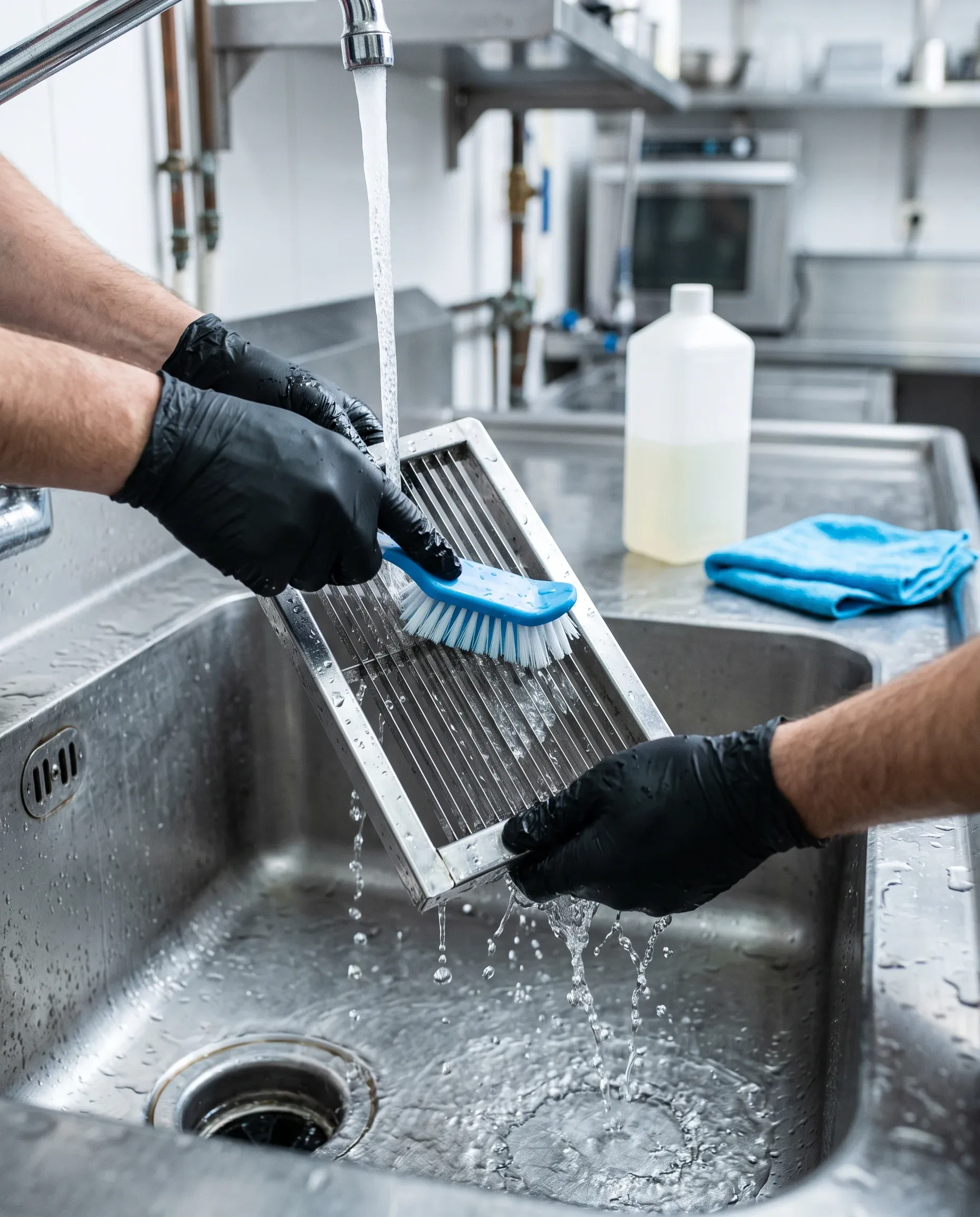 Limpeza do fatiador de legumes com escova de cerdas e água corrente numa cuba de inox