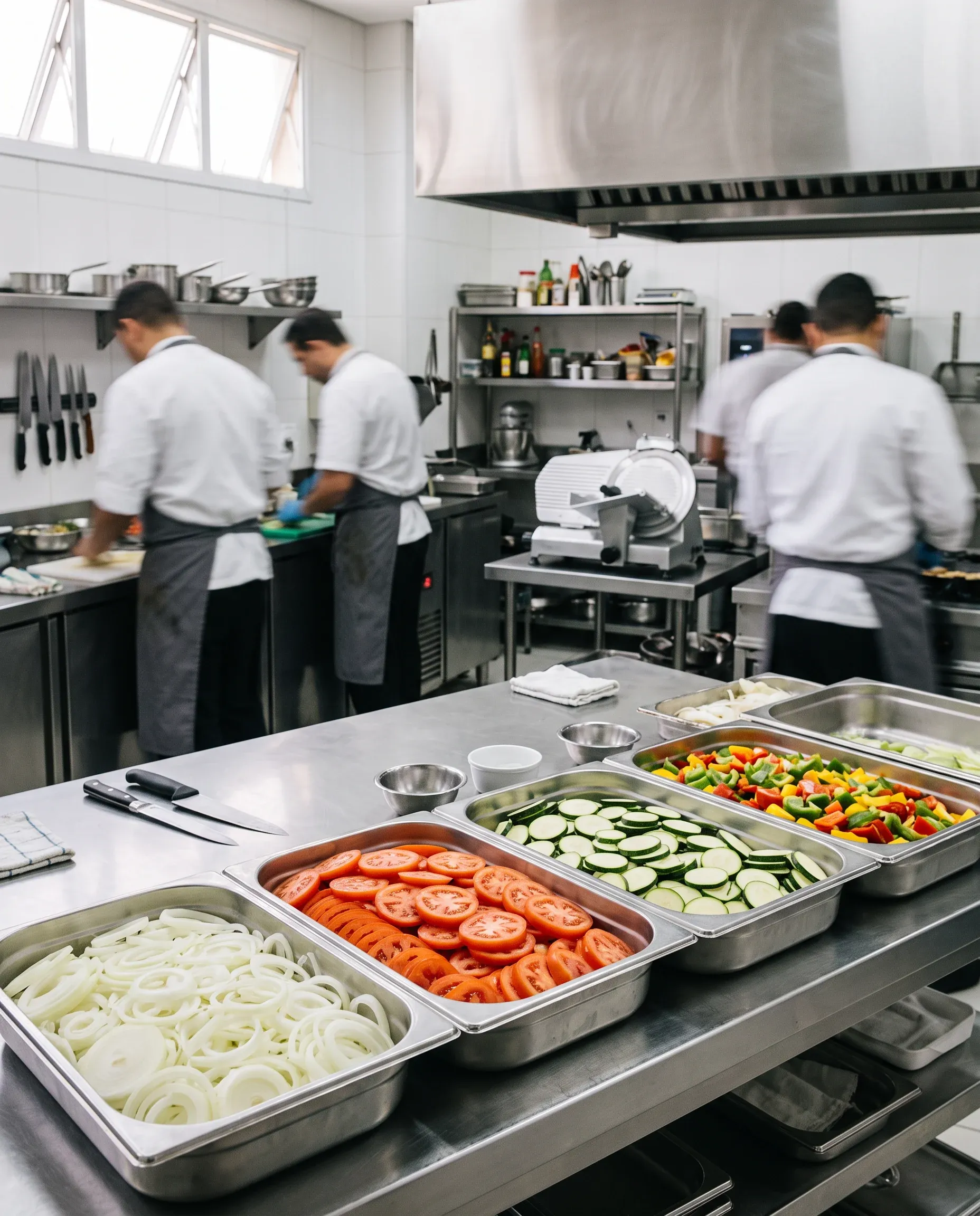 Bancada de pré-preparo de cozinha industrial com cubas de legumes já fatiados