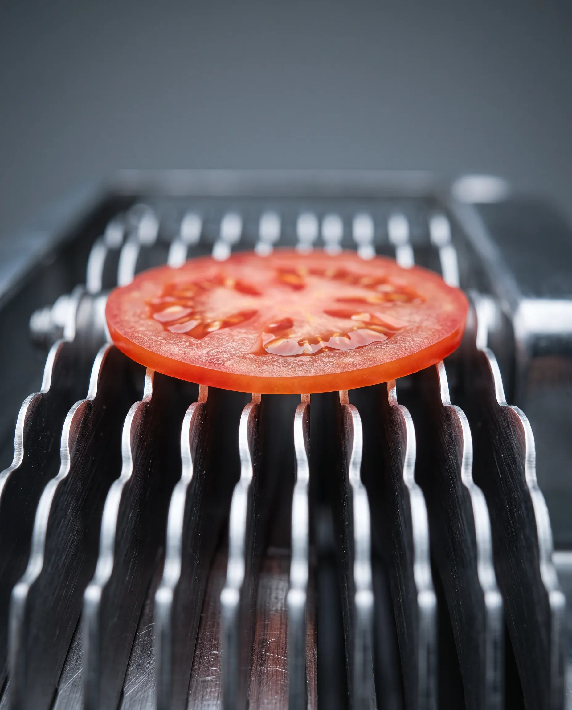 Detalhe das lâminas de aço inoxidável com afiação scallop de um fatiador de legumes