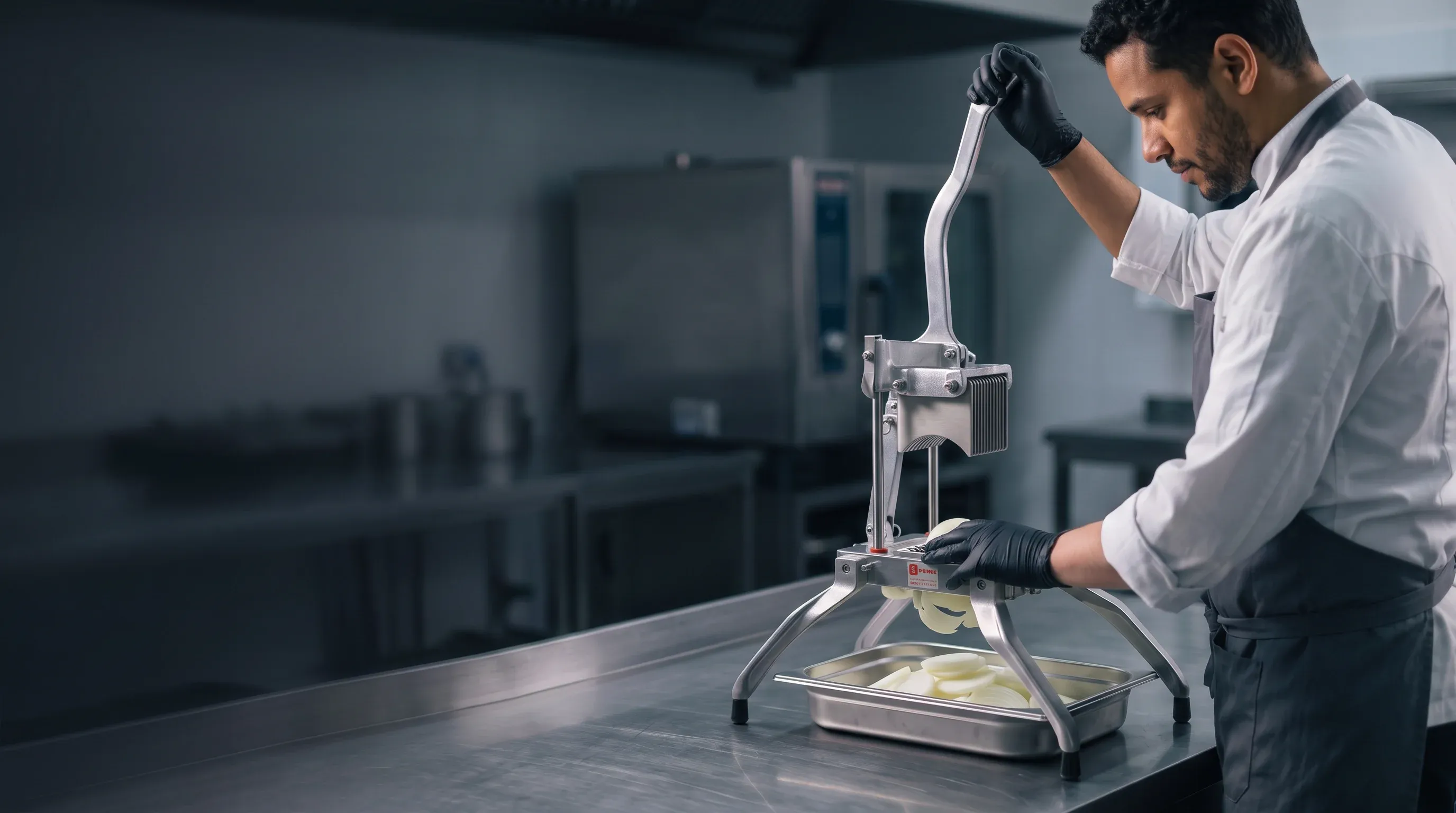 Profissional de cozinha com luvas aciona a alavanca do Fatiador de Legumes C-17 da VEMC e fatia cebolas numa bancada de inox