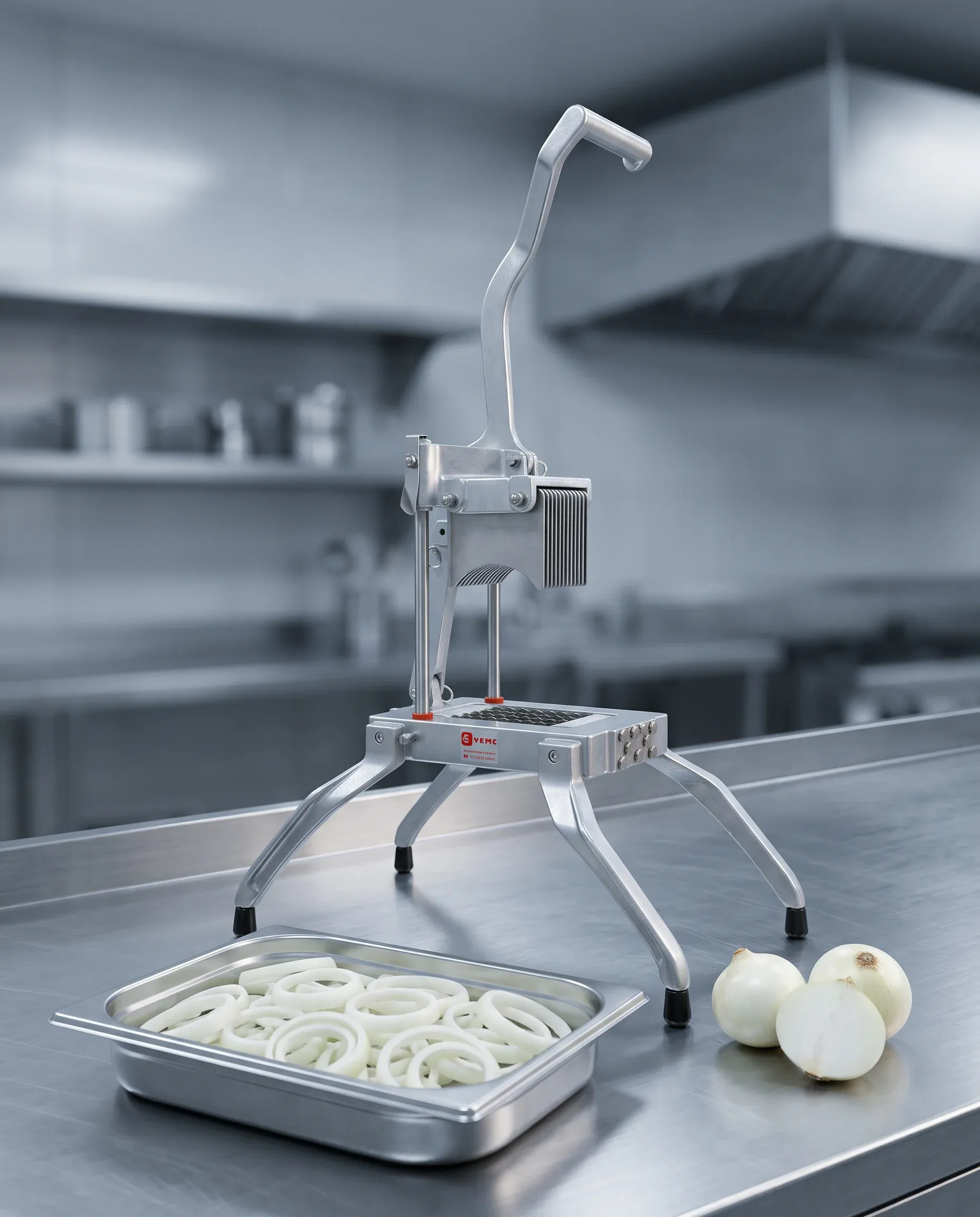 Fatiador de Legumes C-17 da VEMC em bancada de inox de cozinha profissional, com cebolas fatiadas em rodelas